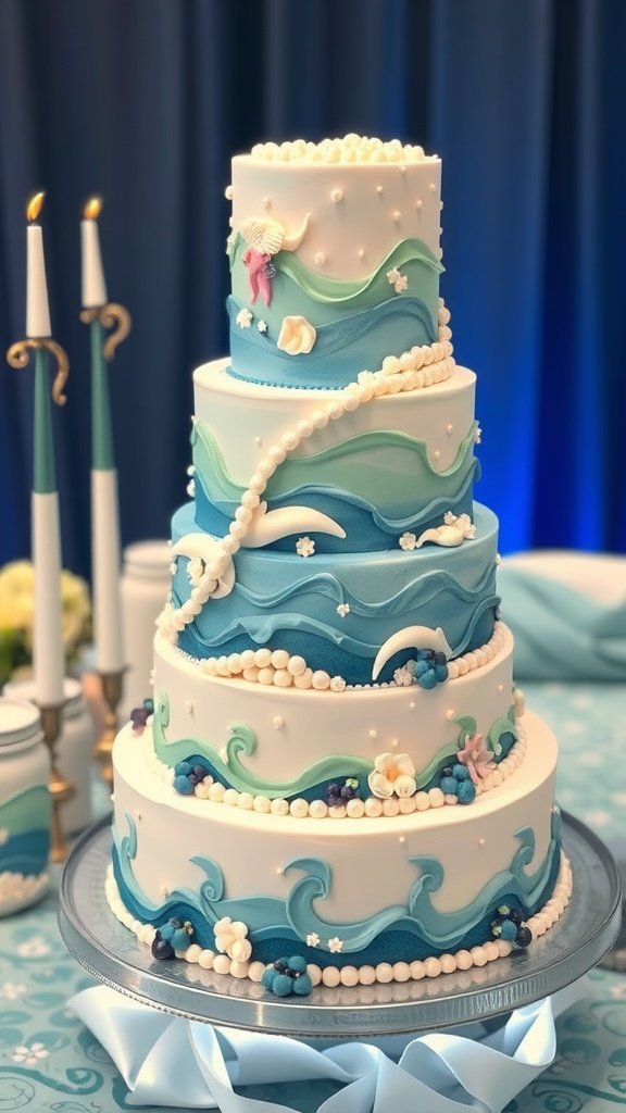 A multi-tiered mermaid-themed cake decorated with ocean waves, pearls, and a mermaid figure.