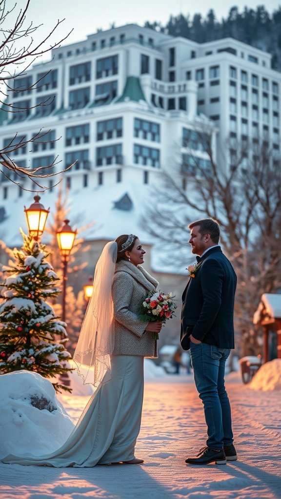 A couple smiling at each other during a winter wedding, surrounded by snow and festive decorations.