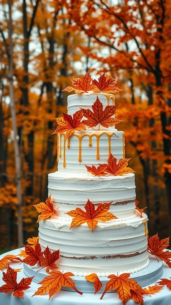 35 Enchanting Forest Wedding Cake Recipes for Your Dream Celebration Layered Maple Syrup Cake decorated with autumn leaves