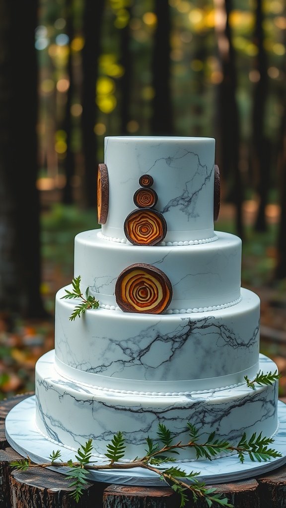 35 Enchanting Forest Wedding Cake Recipes for Your Dream Celebration Marble cake designed with tree ring layers, perfect for a forest wedding.