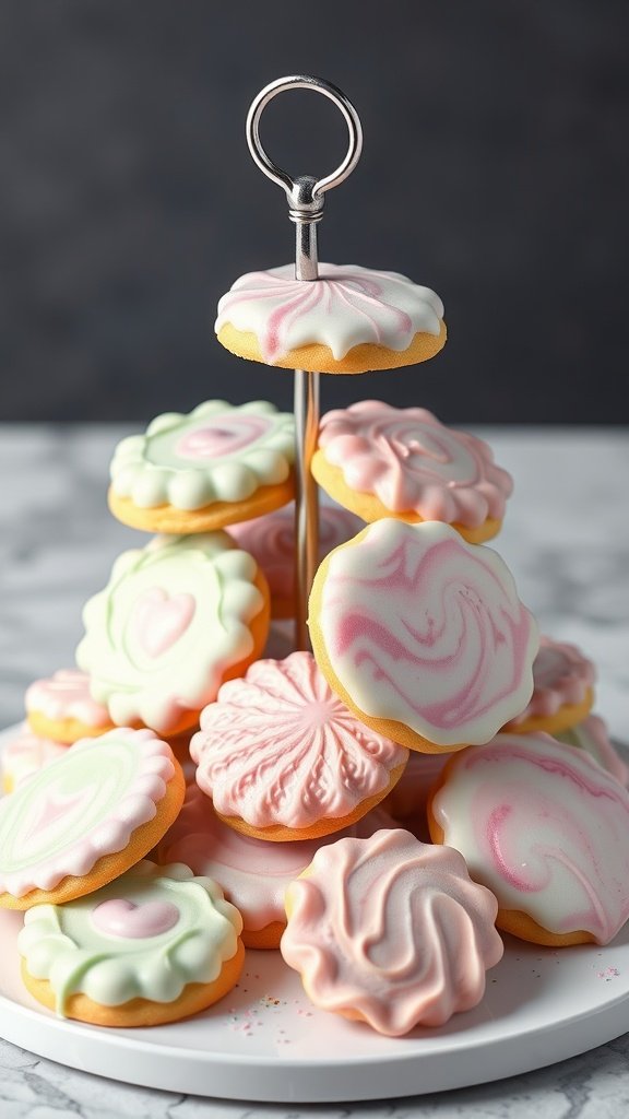 A close-up view of beautifully decorated marbled royal icing cookies on a tiered stand, showcasing pastel colors and intricate designs.