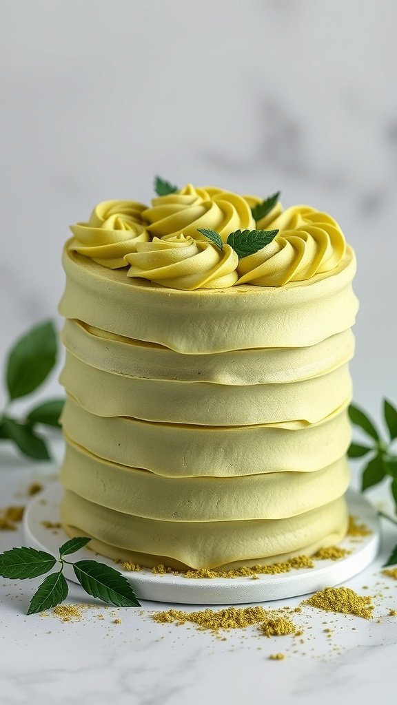 A beautifully layered matcha green tea cake decorated with yellow frosting rosettes and mint leaves