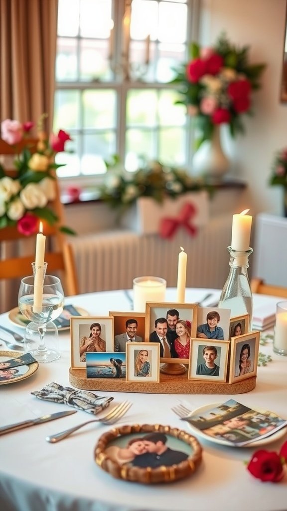A romantic Valentine's Day table setting with photo displays and flowers.