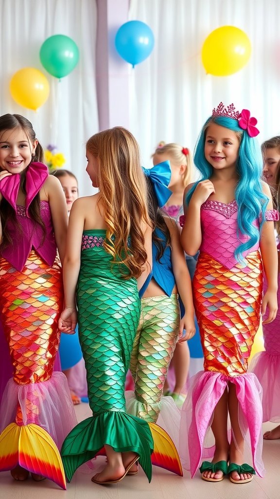 Children in colorful mermaid costumes at a party