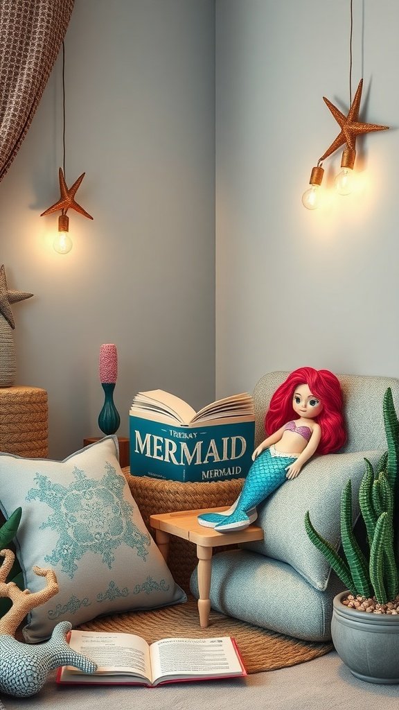 Cozy mermaid-inspired reading corner with a doll, a book titled 'Mermaid', soft lighting, and decorative elements.