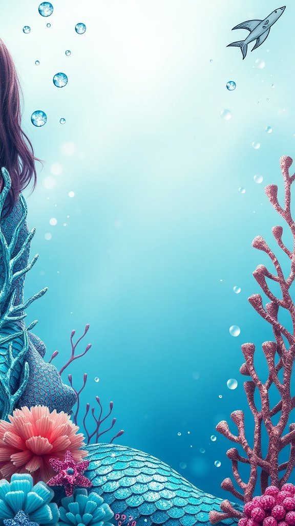 Colorful underwater scene featuring a mermaid and coral.