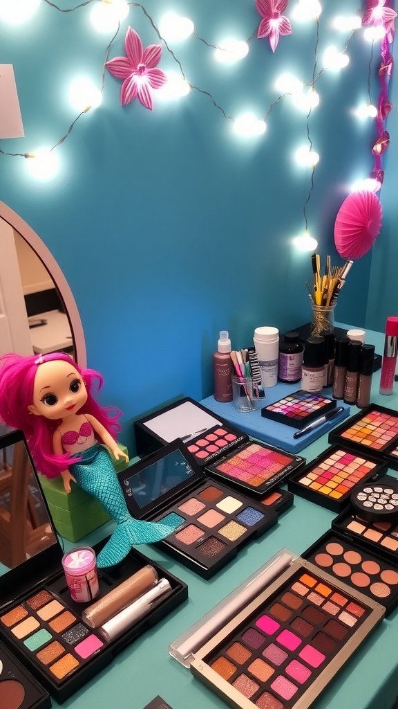 A colorful makeup station for a mermaid party featuring a doll with pink hair, various makeup products, and a bright blue backdrop.