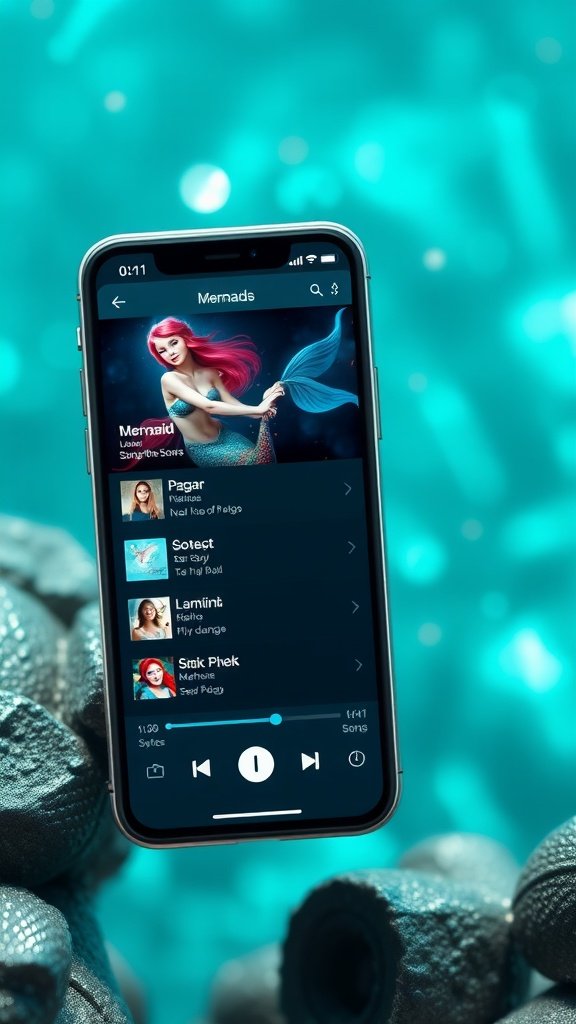 A phone displaying a mermaid-themed music playlist in an underwater setting
