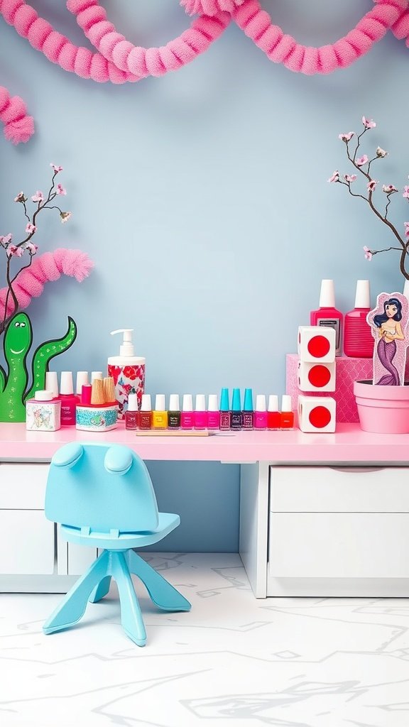 A colorful nail art station with various nail polish colors, a blue chair, and playful decorations for a mermaid-themed kids' party.
