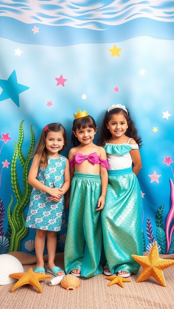 Three girls in mermaid-themed outfits posing in front of an underwater backdrop at a photo booth