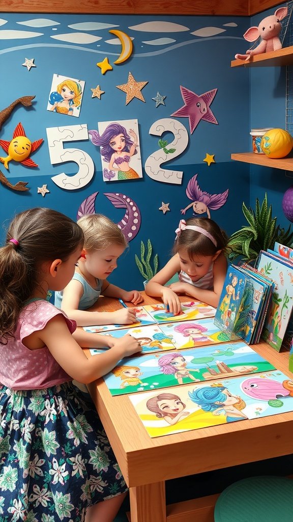 Children engaged in coloring mermaid-themed puzzles and crafts at a party.