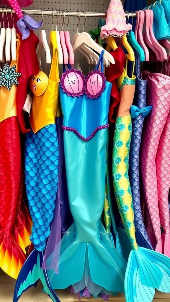 Colorful mermaid costumes hanging on display