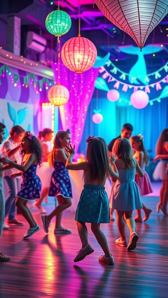 A vibrant mermaid dance party for kids with colorful decorations and children dancing joyfully.