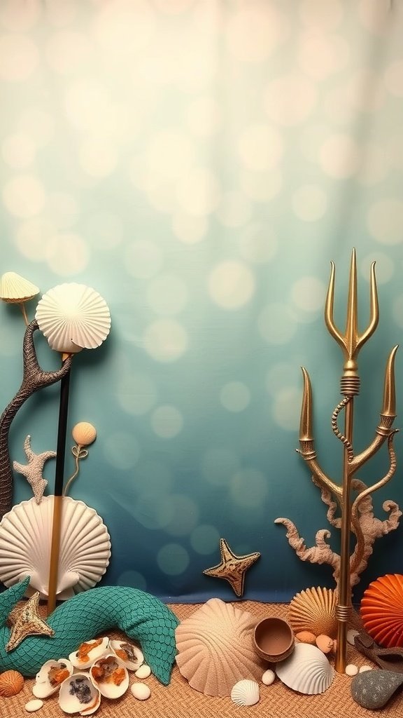 A whimsical mermaid-themed photo booth with a blue backdrop, seashells, and a golden trident.