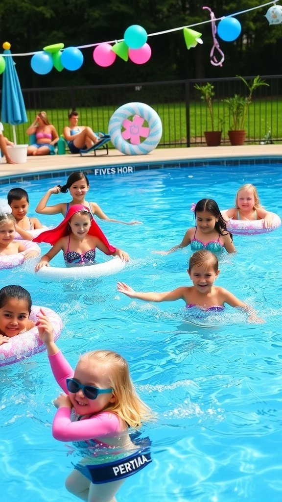 Children enjoying a colorful mermaid-themed pool party with floats and balloons.