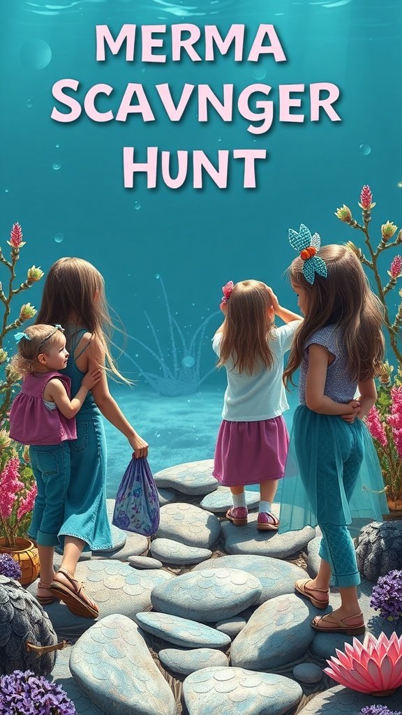 A group of children participating in a mermaid scavenger hunt, standing on colorful stones by the water, holding bags to collect treasures.