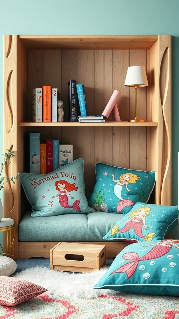 A cozy reading corner featuring mermaid-themed cushions and books.