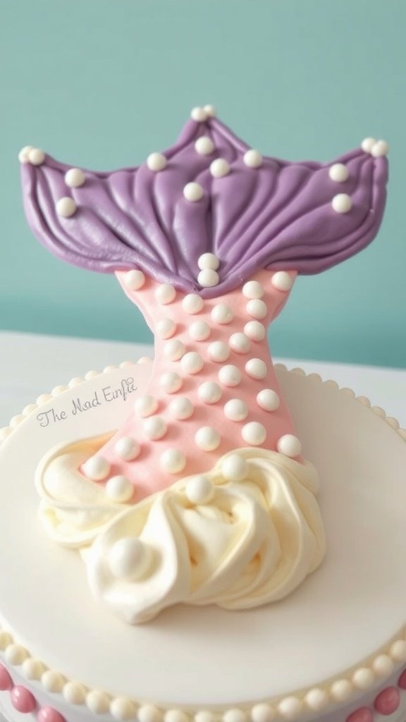A beautifully decorated mermaid tail cake with purple and pink colors, adorned with white pearls, resting on a white cake base.