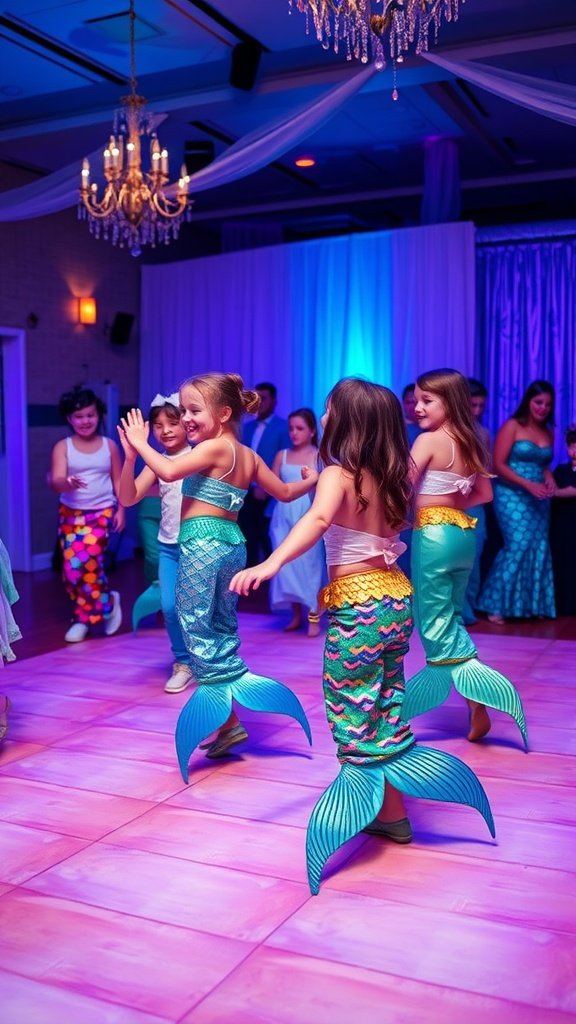 Children dancing in colorful mermaid tails at a party