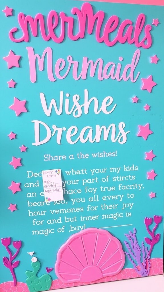 A colorful board with the word 'Wishes' and playful ocean-themed decorations