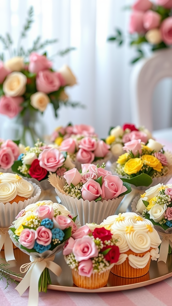 Colorful mini cake bouquets decorated with edible flowers and buttercream frosting.