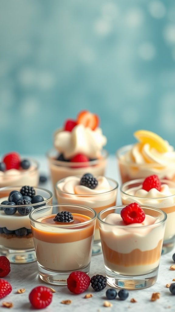A variety of mini dessert cups filled with different layers, topped with berries and whipped cream.