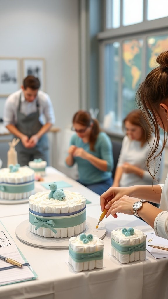 Participants crafting mini diaper cakes during a workshop.