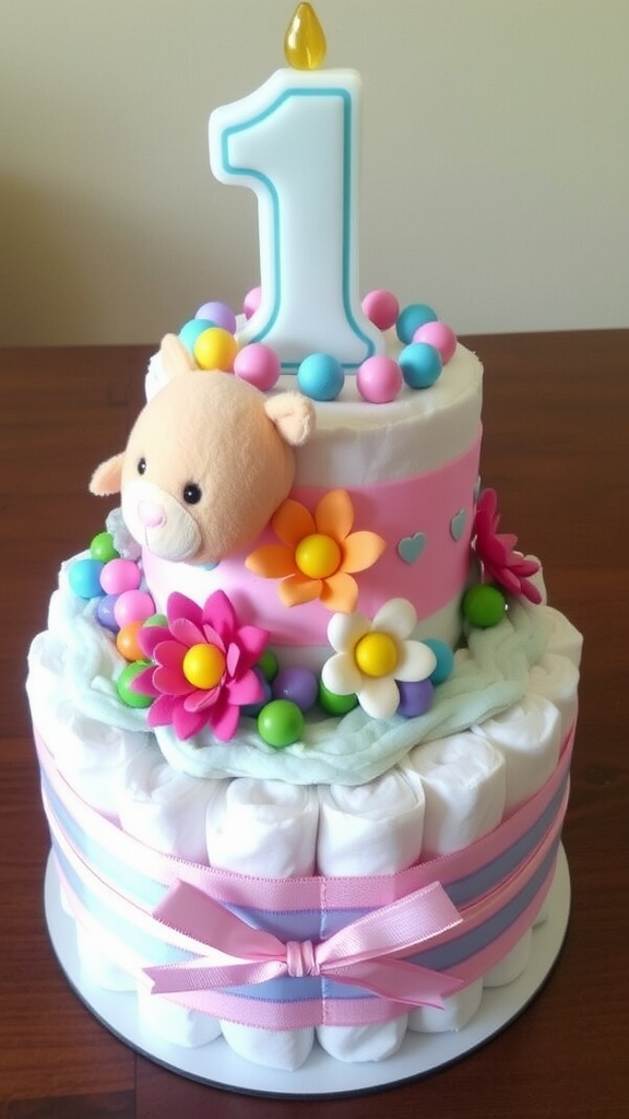 A beautifully decorated mini diaper cake for a first birthday, featuring colorful decorations, a '1' candle, and a plush toy.