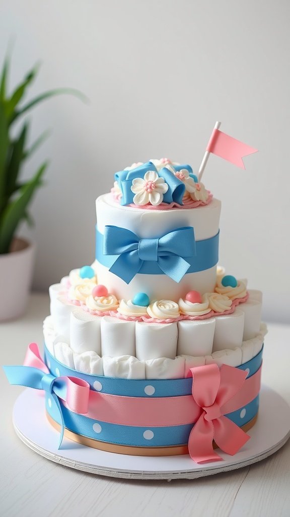 A mini diaper cake with blue and pink ribbons, decorated with flowers and a small flag, set against a light background.