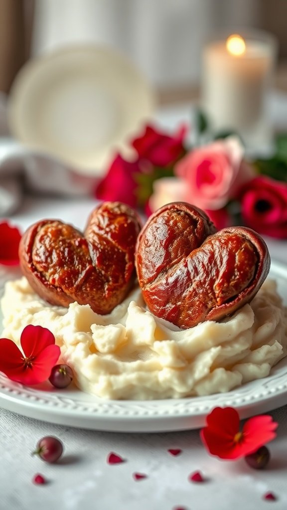 Mini heart-shaped meatloaves served on a plate with mashed potatoes
