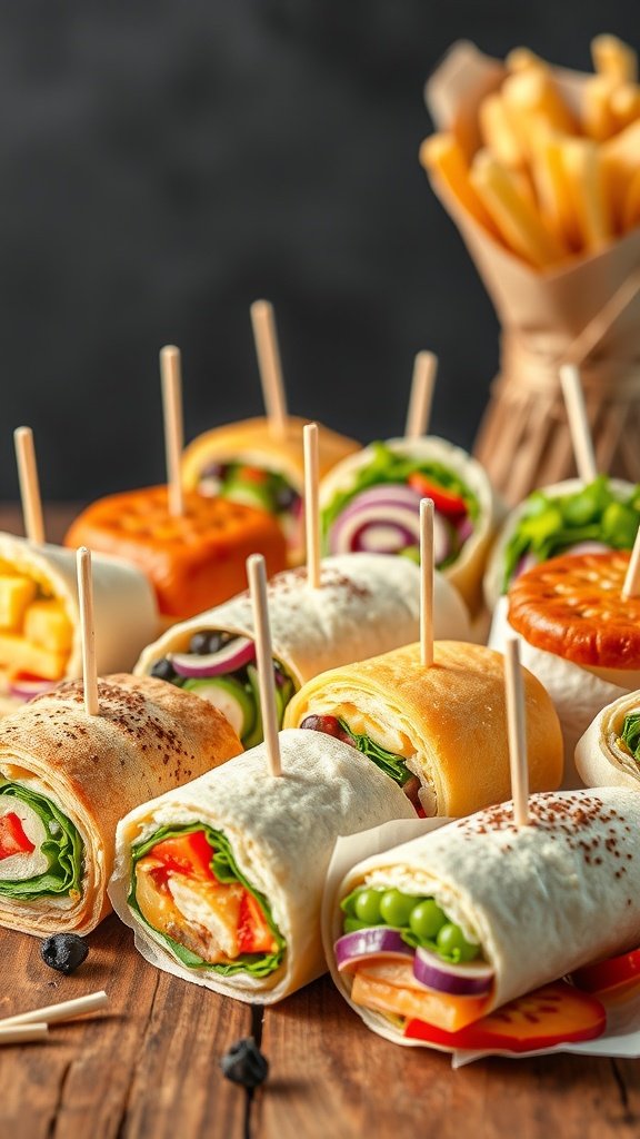 An assortment of mini sandwiches and wraps on a wooden table, garnished with toothpicks.