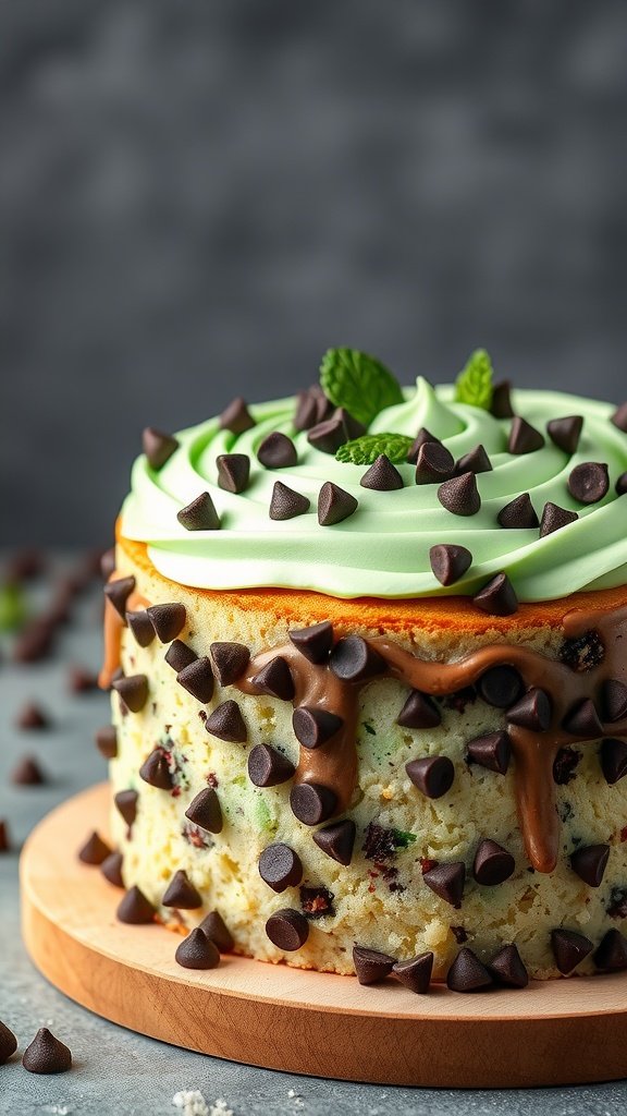 A delicious mint chocolate chip cake topped with mint frosting and chocolate chips, perfect for Valentine's Day.
