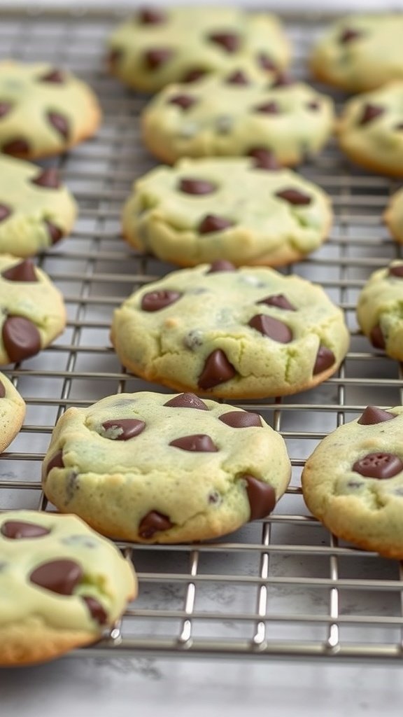 Mint chocolate chip cookies on a cooling rack, showcasing their green hue and chocolate chips.