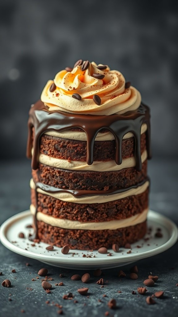 A beautifully layered mocha chocolate cake topped with creamy frosting and chocolate ganache.
