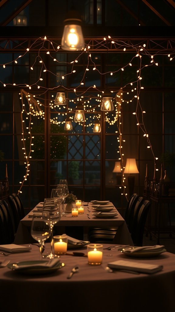 A romantic dining setup featuring warm string lights and candles for mood lighting.