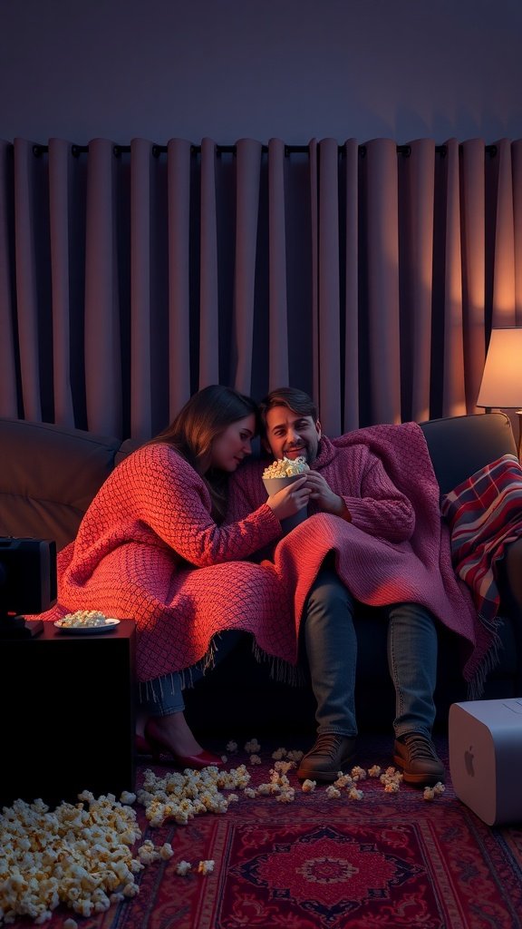 A couple enjoying a cozy movie night together, wrapped in blankets with popcorn scattered around. Indoor Date Ideas