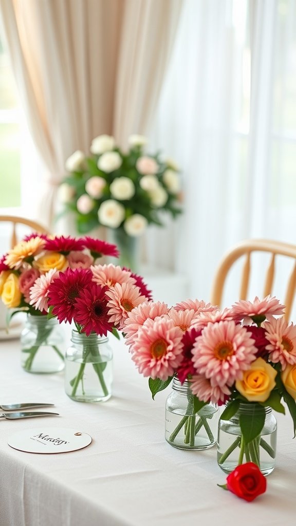Table setting with colorful mum flower arrangements in glass jars for a fall wedding.