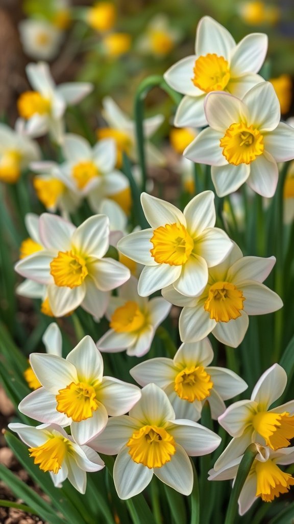 A close-up of Narcissus flowers with white petals and yellow centers blooming in a garden.