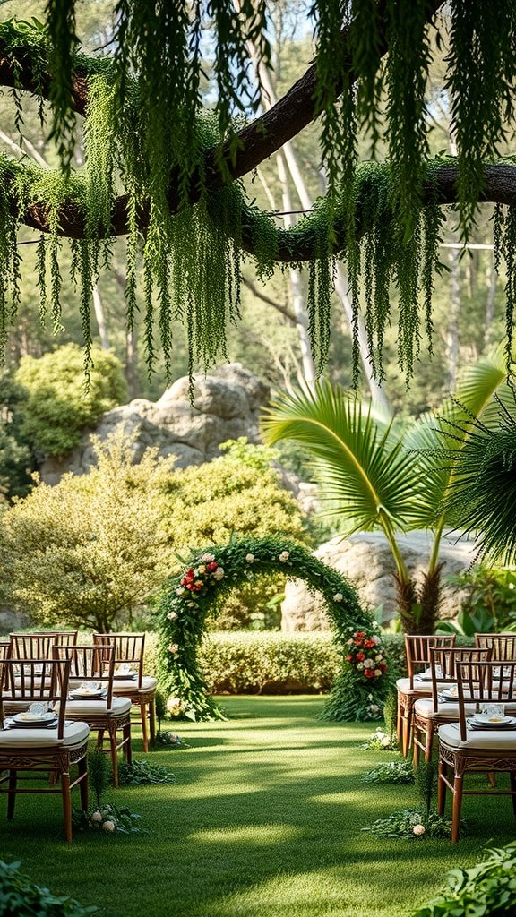 35 Stunning Olive Green Wedding Theme Color Schemes A beautifully decorated outdoor wedding venue featuring an olive green theme with floral arch and wooden chairs.