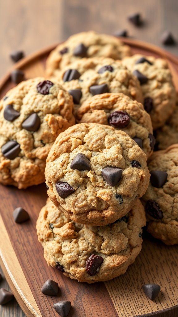 Oatmeal raisin cookies with chocolate chips on a wooden platter.