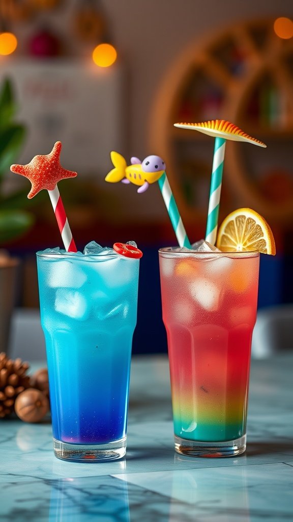 Two colorful ocean-inspired drinks with fun straws and garnishes.