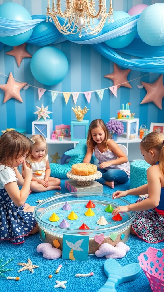Kids playing an ocean-themed game at a mermaid party.