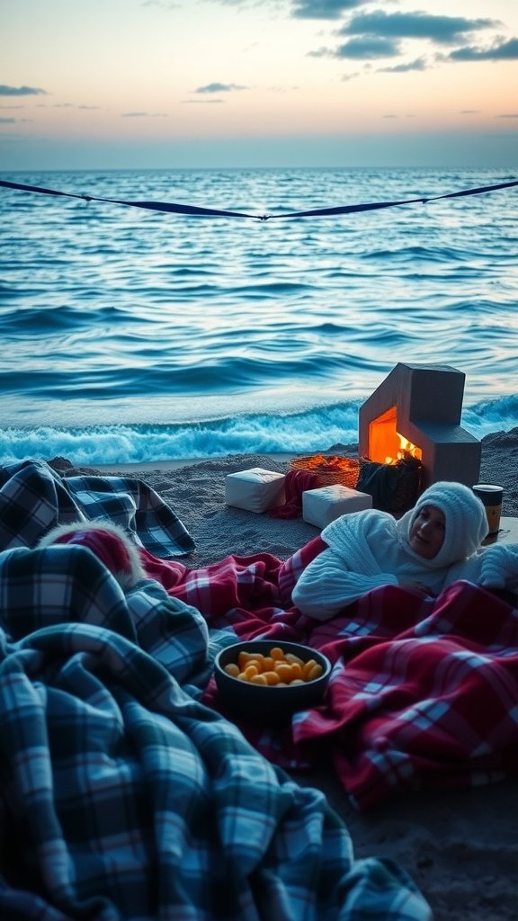 Kids wrapped in blankets watching a movie by the ocean at sunset