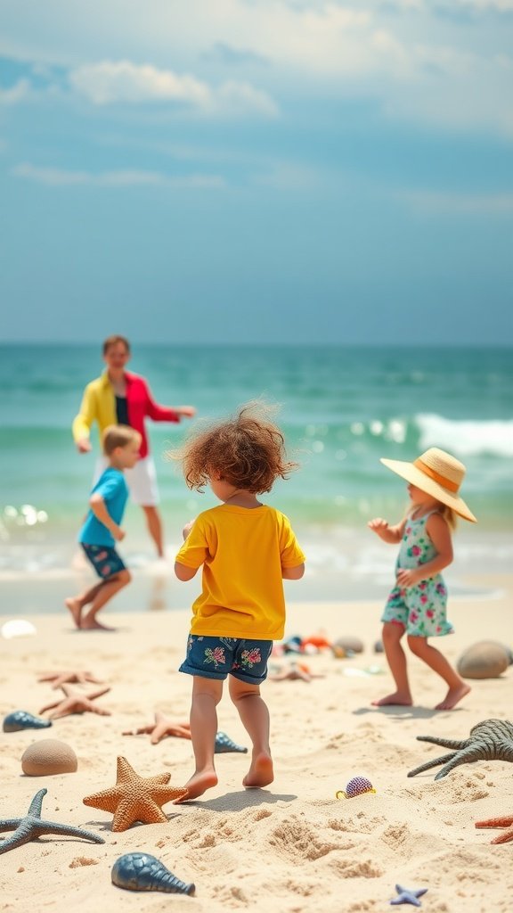 Children playing on the beach during a mermaid party with sand and seashells.