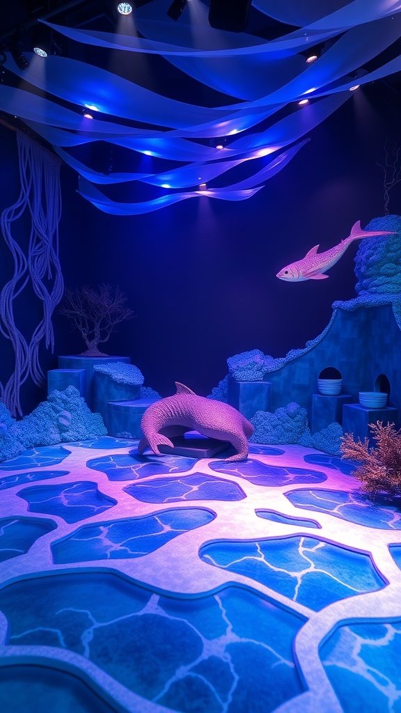 A vibrant underwater-themed party setup with blue lighting and ocean-like textures.