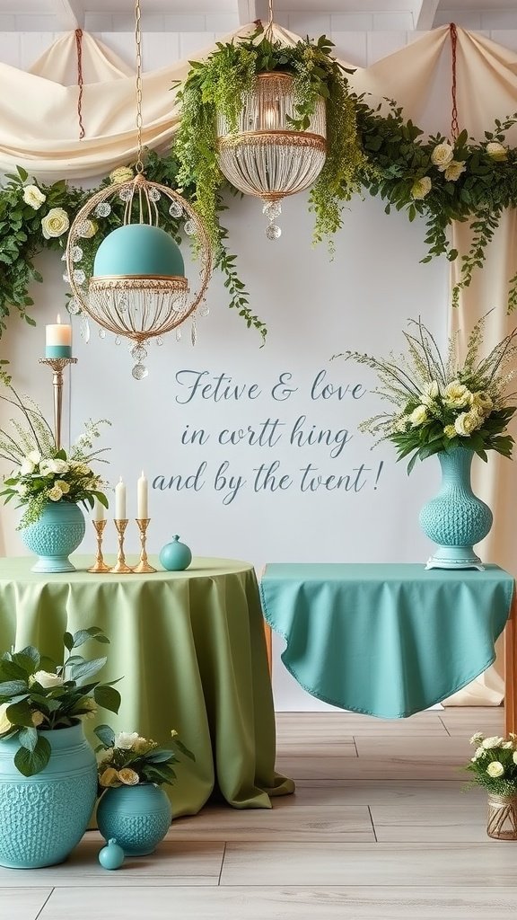35 Stunning Olive Green Wedding Theme Color Schemes A wedding setup featuring olive green and aqua colors, with decorative elements like flowers and elegant vases.