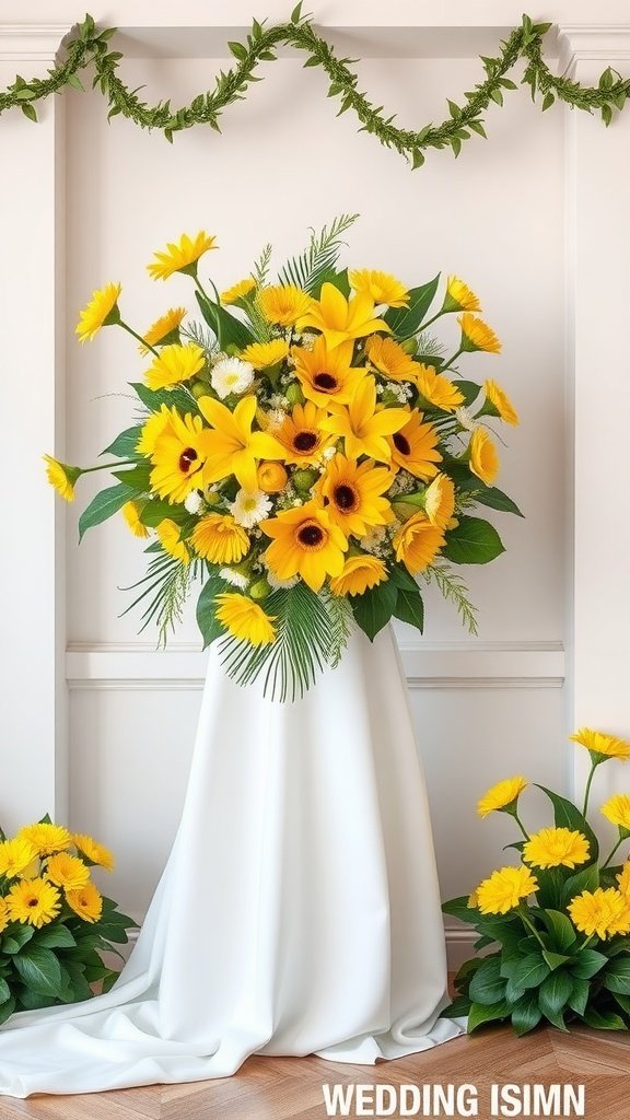 35 Stunning Olive Green Wedding Theme Color Schemes A vibrant wedding floral arrangement featuring bright yellow flowers, including sunflowers, paired with olive green accents.