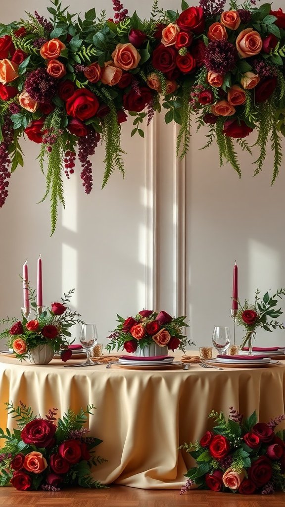 35 Stunning Olive Green Wedding Theme Color Schemes Wedding table setting featuring olive green and burgundy floral arrangements.