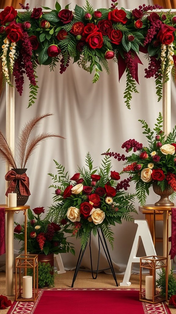 35 Stunning Olive Green Wedding Theme Color Schemes Wedding decor featuring maroon and olive green floral arrangements with candles.