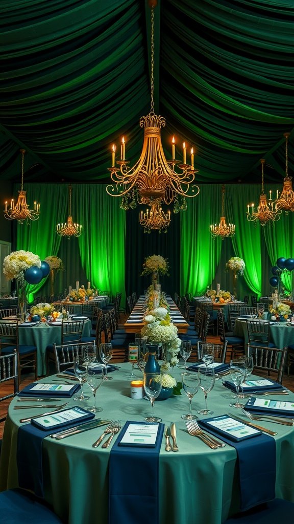35 Stunning Olive Green Wedding Theme Color Schemes Wedding reception featuring olive green and navy blue color scheme with elegant decor.